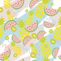 Summer background with pineapple, watermelon, and kiwi