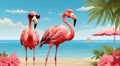 Summer background, pink Flamingos in Sunglasses on the beach Royalty Free Stock Photo