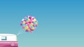 Summer background - Pink retro van with bunch of colorful balloons