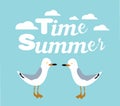 Summer background, poster in retro style with the sea, palm trees and seagulls. Vector Royalty Free Stock Photo