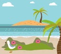 Summer background, poster in retro style with the sea, palm trees and seagulls. Vector Royalty Free Stock Photo