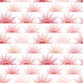 Summer background in red and pink colors. Sun rays seamless pattern. Colorful textile design. Retro repeating pattern.