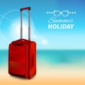 Summer background. Red suitcase.