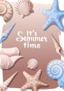 Summer background with sea shells, clams, starfish on the sand. Postcard, banner, flyer with beach vibe