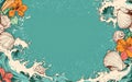 Summer background with seashells, flowers and ocean waves Royalty Free Stock Photo