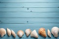 Shells blue wood background. Royalty Free Stock Photo