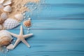 summer background with shells, sand and starfish on a blue background. Copy space. Ai generative