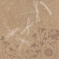 Summer background with silhouettes of meadow flowers and outline drawn by hand dragonflies on kraft paper. Vector illustration. Royalty Free Stock Photo