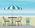 Summer background of Striped Teal Parasol and Bistro Table on Boardwalk