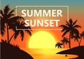 summer background. Summer sunset against the backdrop of palm trees. Sunset over the sea. Lettering summer sunset Royalty Free Stock Photo