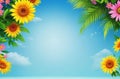 Summer background with sunflowers and palm leaves