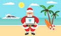 Summer background - sunny beach. Computer with congratulations for Merry Christmas and New Year. Sea, yacht,palm tree