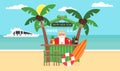 Summer background - sunny beach. Merry Christmas and New Year. Sea, yacht,palm tree and cute bartender santa. Modern