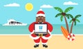 Summer background - sunny beach. Sea, yacht,palm tree and afroamerican santa. Computer with congratulations for Merry