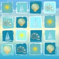 Summer background with suns, boats, shells and conchs in squares Royalty Free Stock Photo