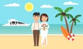 Summer background, sunset beach. The sea, yachts, palm trees and newly married couple. Wedding ceremony by the ocean