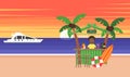 Summer background - sunset beach. Vacation at the ocean. The sun going down over the horizon is sunset. African man. Sea Royalty Free Stock Photo