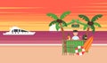 Summer background - sunset beach. Vacation at the ocean. The sun going down over the horizon is sunset. Sea, yacht, bar