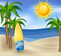 Summer background with surfboard and palm trees