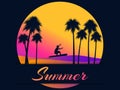 Summer background with a surfer and palm trees on a sunset background. Gradient yellow and purple. Vector Royalty Free Stock Photo