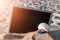 Summer background table. Globe, seashell, airplane and starfish near black desk on sea beach in sunny day. Copy space of Royalty Free Stock Photo