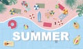 Summer background with tiny people,umbrellas, ball,swim ring,sunglasses,surfboard,hat,sandals in the top view beach.Vector summer