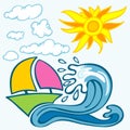 Summer background with wave boat sun and clouds Royalty Free Stock Photo