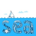 Summer background with waves and yacht. Sea doodle lettering com