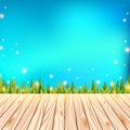 Summer background with wooden deck. Wood floor over green grass and blue sky. Abstract vector illustration. Royalty Free Stock Photo
