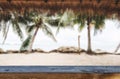 Summer Background, wooden table top and blurred defocus tropical beach background Royalty Free Stock Photo