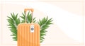 Summer background with yellow suitcase and palm leaves. Colorful horizontal banner. Vacation concept.