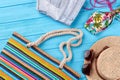 Summer bag with beach items. Royalty Free Stock Photo