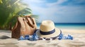 Summer Bag On Tropical Sand - Beach Vacation - Accessories Hat Towel And Flip Flops With Leaves Palm And Blue Sea Royalty Free Stock Photo