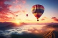 Summer balloon ride Sunrise background, nature landscape, air travel freedom