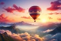 Summer balloon ride Sunrise background, nature landscape, air travel freedom