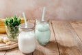 Summer banana smoothie or milkshake with mint and straw in jars on dark wooden tablen with copy space