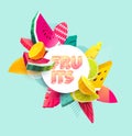 Summer banner with colorful citrus fruits and tropical leaves.Craft style