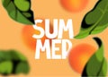 Summer banner with defocused orange tree leaves and oranges.