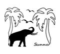 Summer banner with elephant, birds, palm trees and lettering summer.