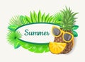 Summer Banner with Pineapple, Green Palm Tree