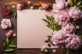 Summer banner or invitation with delicate peonies on a wooden background, flat lay, AI generated Royalty Free Stock Photo