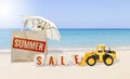 Summer banner on jute bag with beach umbrella and sale wooden cube and yellow truck on tropical beach