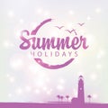 Summer banner with lighthouse and palm trees Royalty Free Stock Photo