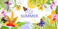 Summer banner with orchid flowers, banana flower, butterfly and tropical leaves. Beautiful colorful background with tropical Royalty Free Stock Photo