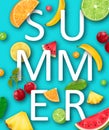 Summer Banner with Pineapple, Watermelon, Banana, Cherry, Orange, Lemon, Lime