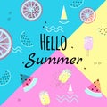 Summer banner. Punchy pastel. Hello summer poster. Trendy texture. Season vocation, weekend, holiday logo. Fashionable