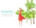 Summer banner with relaxing girl on beach on vacation vector illustration. Young woman in red dress relax on holiday and