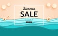 Summer banner sale. Top view blue sea and beach paper waves with umbrella beach and rubber ring.