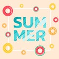 Summer banner sale. Top view blue sea paper waves with fruit rubber ring and text ` SUMMER`. Seasonal design advertising paper cut