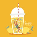 Summer banner with scene of woman diving fun inside the huge plastic glass of lemon juice lemonade, fruit smoothie Royalty Free Stock Photo